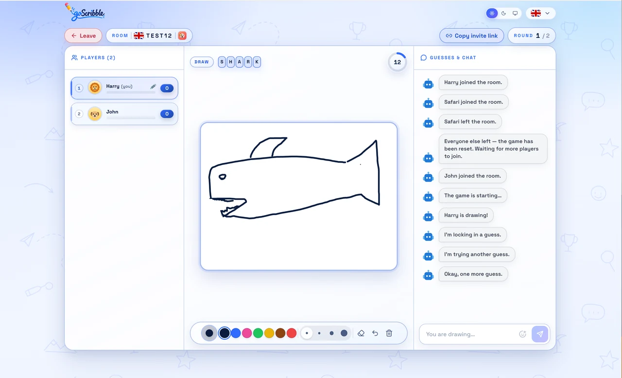 goScribble gameplay in light mode: a player draws a shark, with the player list, round timer, drawing tools and live chat visible.