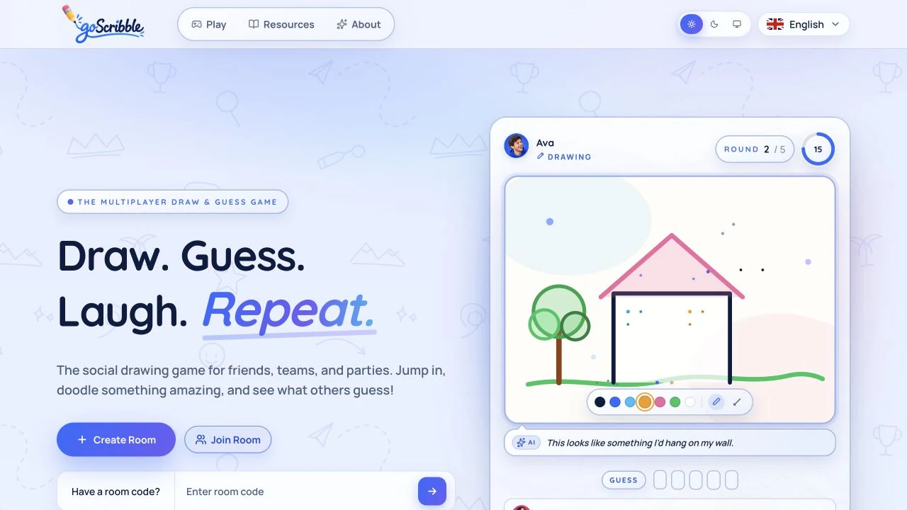 goScribble’s desktop homepage showing its draw-and-guess product preview with a house drawing and AI commentary.