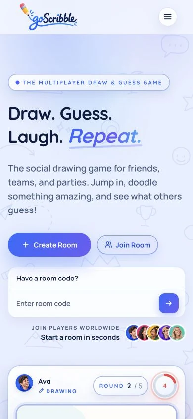goScribble’s mobile homepage with its drawing-game introduction and create-room and join-room controls.